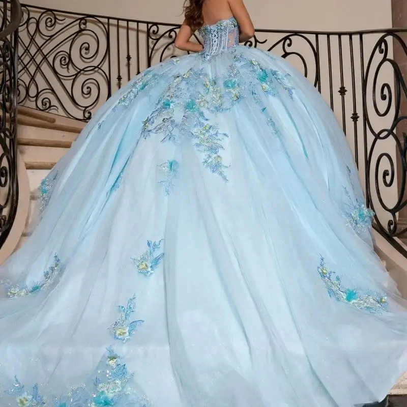 Abiti Quinceanera blu cielo personalizzati 2025 Applique Abito fiore 3D Abito da festa in tull lucido 16 Abiti da 15 anni