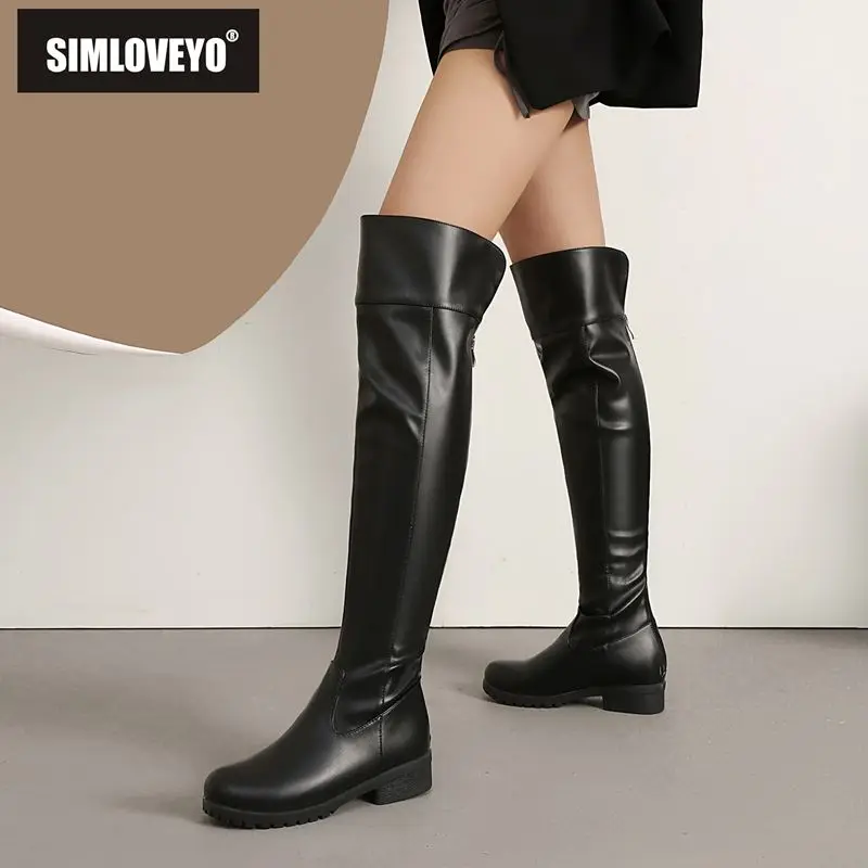 

SIMLOVEYO Брендовые женские сапоги до бедра с круглым носком, 3 см, блочные каблуки, молния, большой размер 45, 46, 47, 49 50, более тонкие высокие туфли для верховой езды, осень