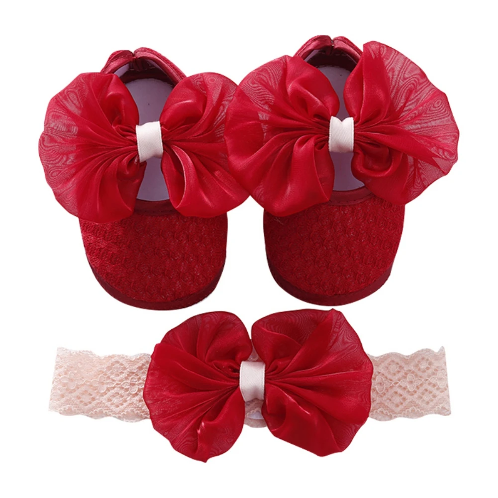 Baby Girls Bow Knot Flats Shoes Infant Princess Velvet Shoes Toddler First Walkers Non-Slip Toddler First Walkers with Headband