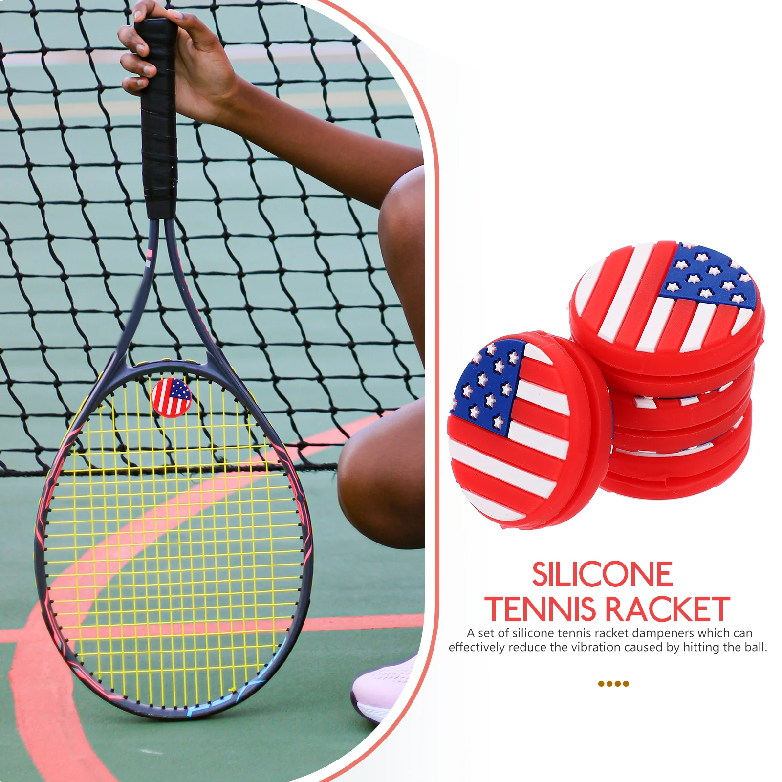 

4 шт. демпферы для теннисных ракеток, амортизаторы, узор с флагом, редуктор вибрации, силиконовый материал, эластичный, легкий