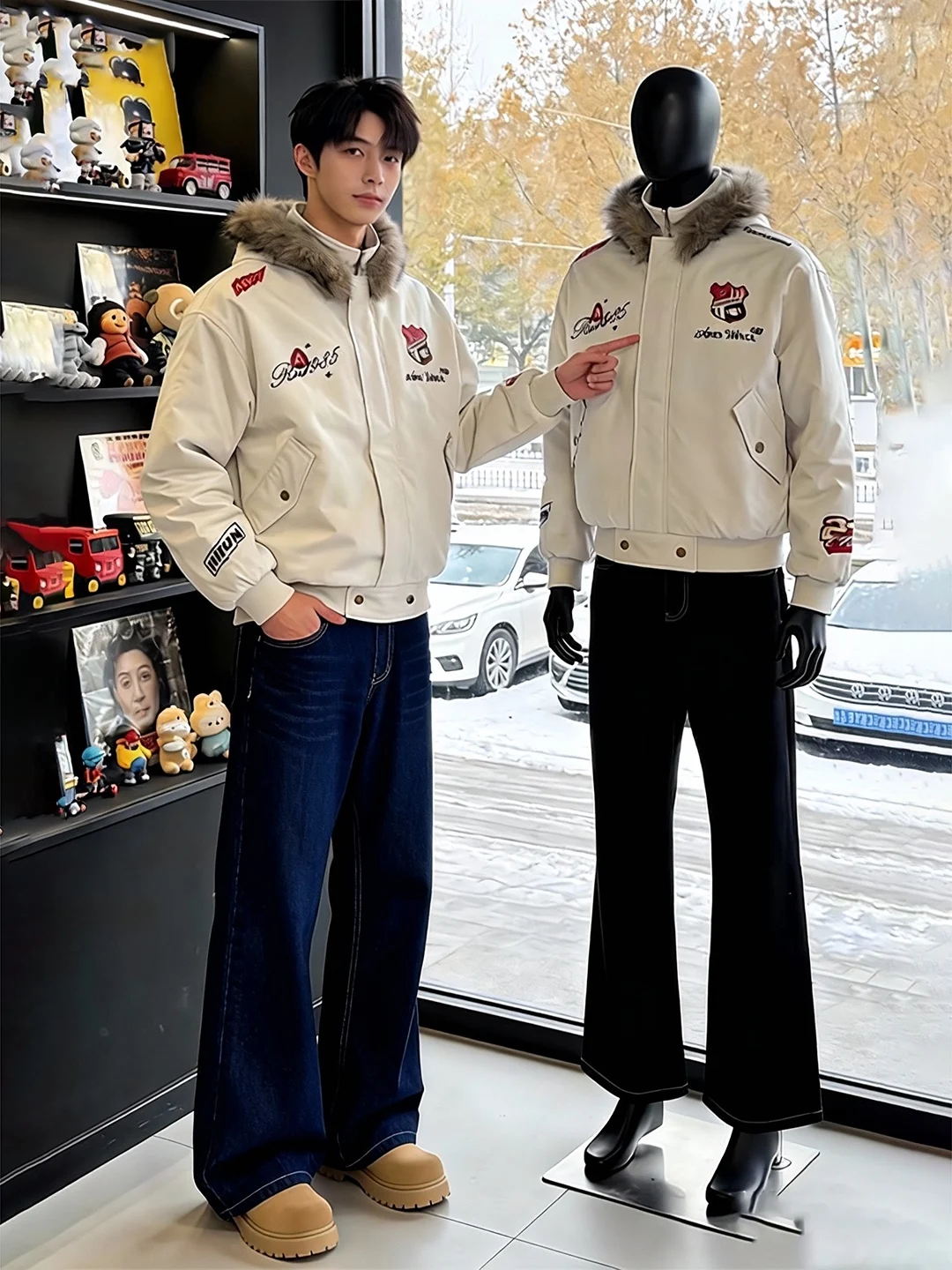 

Deep Blue Men's Casual Wide Leg Jeans mid Waist Straight Cut Trousers American Sle High Street Autumn Winter Faion