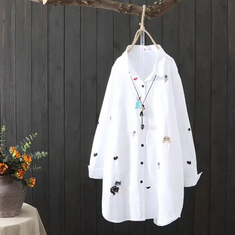 100% Cotton Embroidery White Long Shirt Women Elegant Blouse Button Up Shirt Long sleeve Ladies Tops Loose Casual