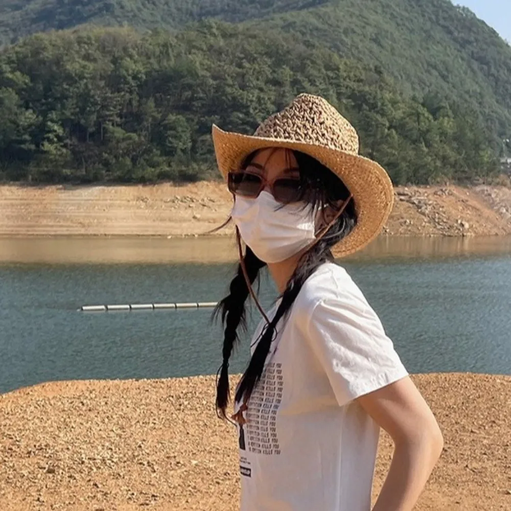 

Classic Wide Brim Sunscreen Straw Hat Ethnic Style Hollow Out Western Cowboy Hat Bucket Hat Solid Color Cowgirl Visor Cap Summer