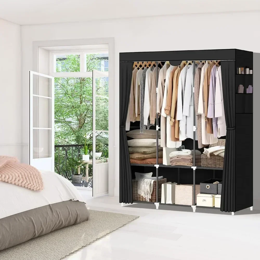 Portable Closet, Portable Closets for Hanging Clothes with 3 Hanging Rods and 6 Storage Shelves and 4 Side Pockets, Wardrobe