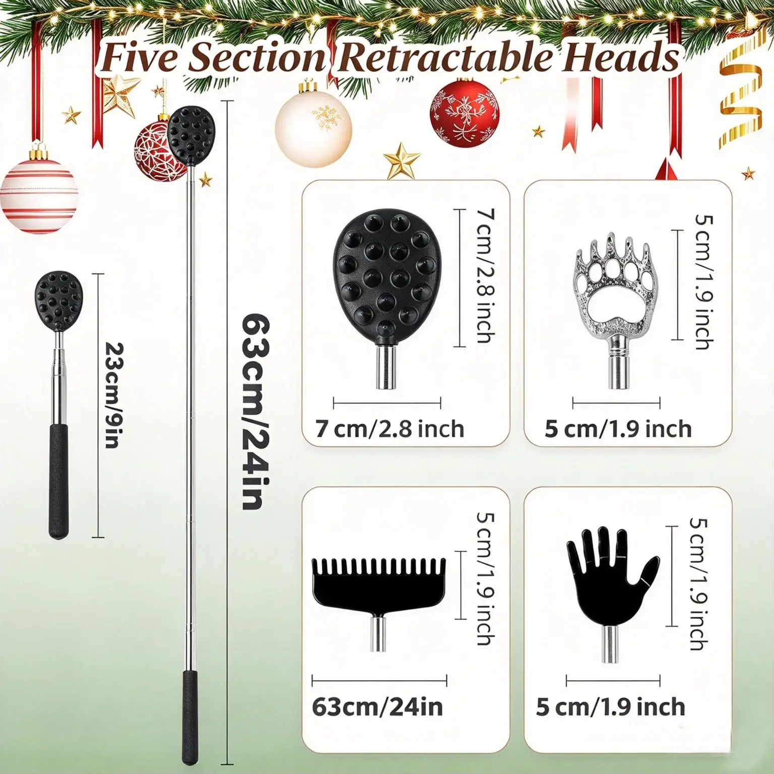 JEFTYR 4-Section Telescoping Back Scratcher with 4 Interchangeable Heads – Stainless Steel Body,Anti-Slip Handle, Christmas Gift
