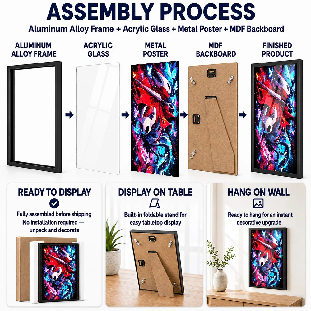 Hollow Knight And Hornet Metal Poster With Aluminum Alloy Frame Personalized Photo Heroic Quest Style Wall Art For Home Office