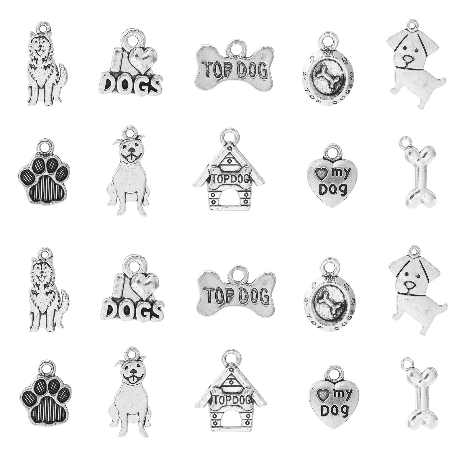 

50Pcs 10 Styles Tibetan Pet Dog Charms Word I Love Dog Charms Antique Silver Animal Charms for DIY Earrings Jewelry Making