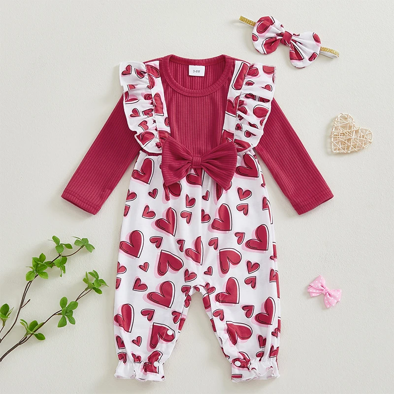 

Baby Girls Rompers Set with Matching Bow Headband Heart Pattern and Ruffles - Long Sleeve Jumpsuits for Newborns