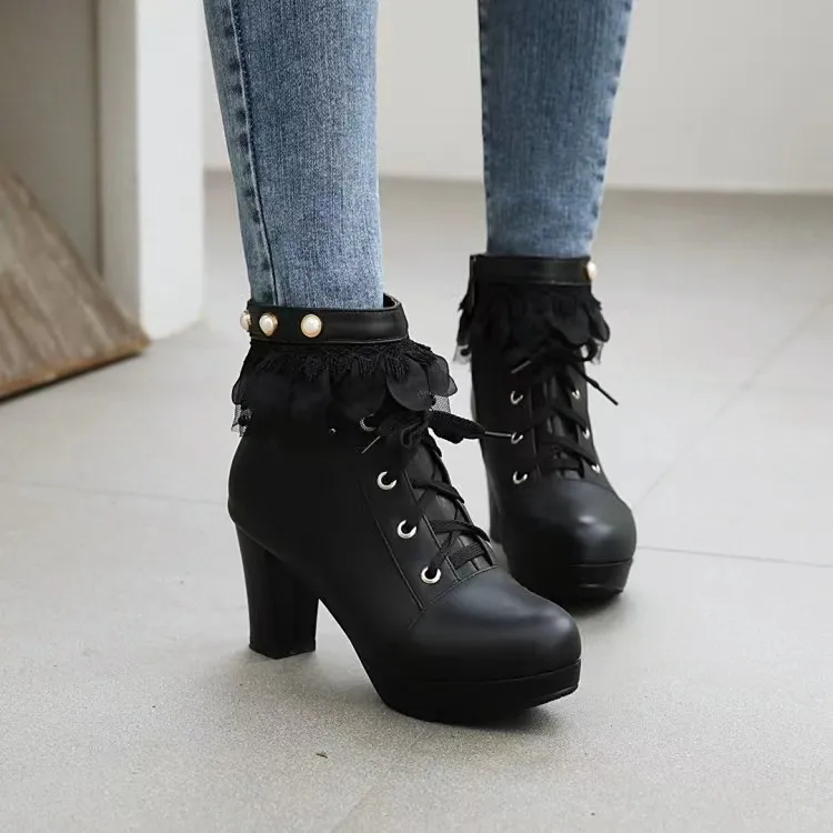 

Women Fashion High Heel Platform Shoes Thick Sole Large Size 43 44 Front Lace-up Pearl Women's Boots Bota Feminina