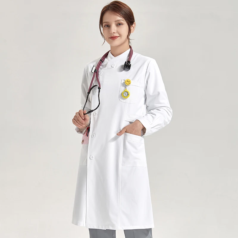 

Medical Dress Asymmetric Healthcare Tunic Nurse Scrubs White Long Sleeve Beautician Work Uniform in Style Nursing Dress 801-03