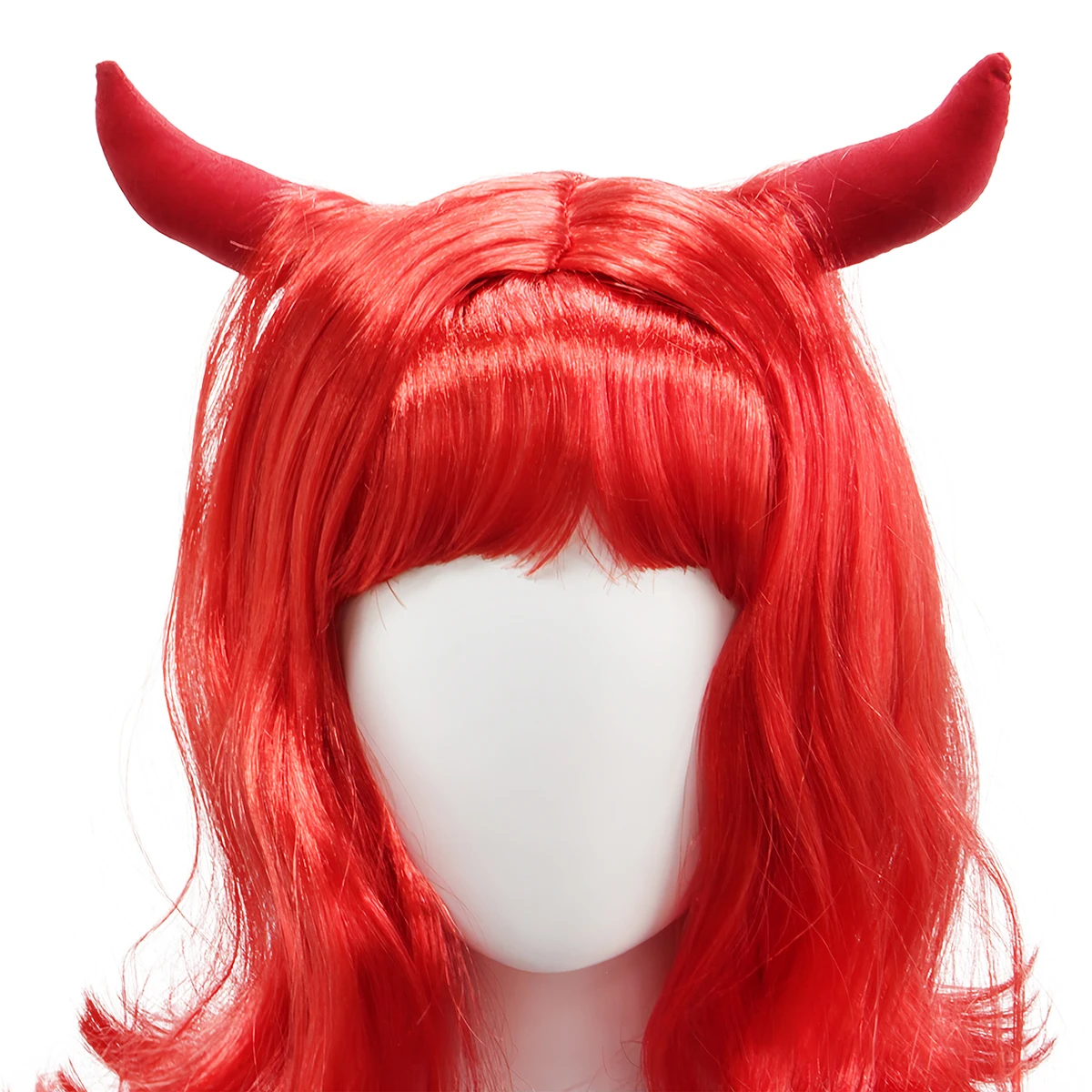 Novelty Bright Red Synthetic Long Wavy Wig Demon Horns Layered Bangs Cosplay Halloween Festival Party Costume Role Play