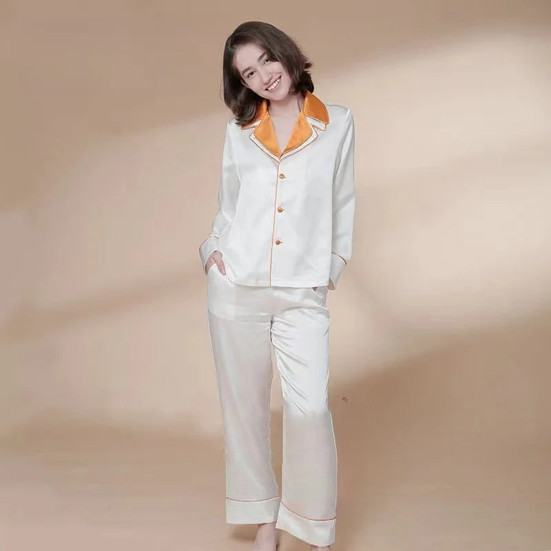 

Pure Silk Pajamas Sets for Women Pijama Sets Sleepwear Long-sleeve Cardigan Set Female 100% Mulberry Silk Pyjamas Home Clothing