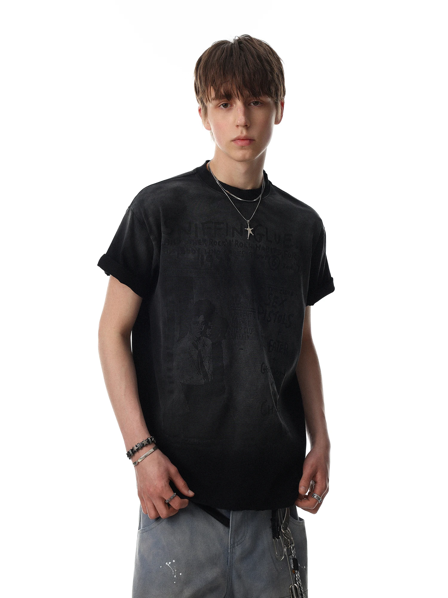 Vintage Worn-look Short Sleeve T-shirt Men's Pure Cotton Trendy Brand MRNEARLY   Small Audience Loose Fit round Neck