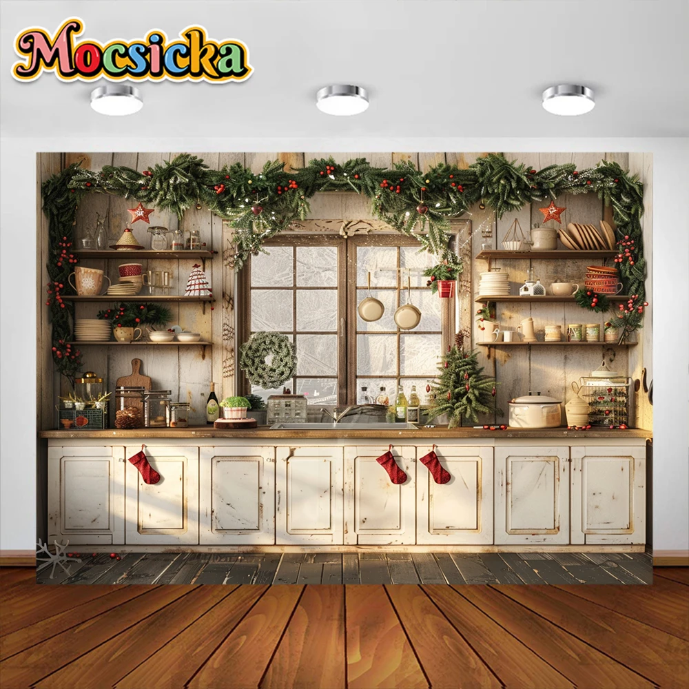 Christmas Kitchen Photography Background Garland Cabinet Xmas Tree Party Decoration Supplies Family Portrait Studio Props