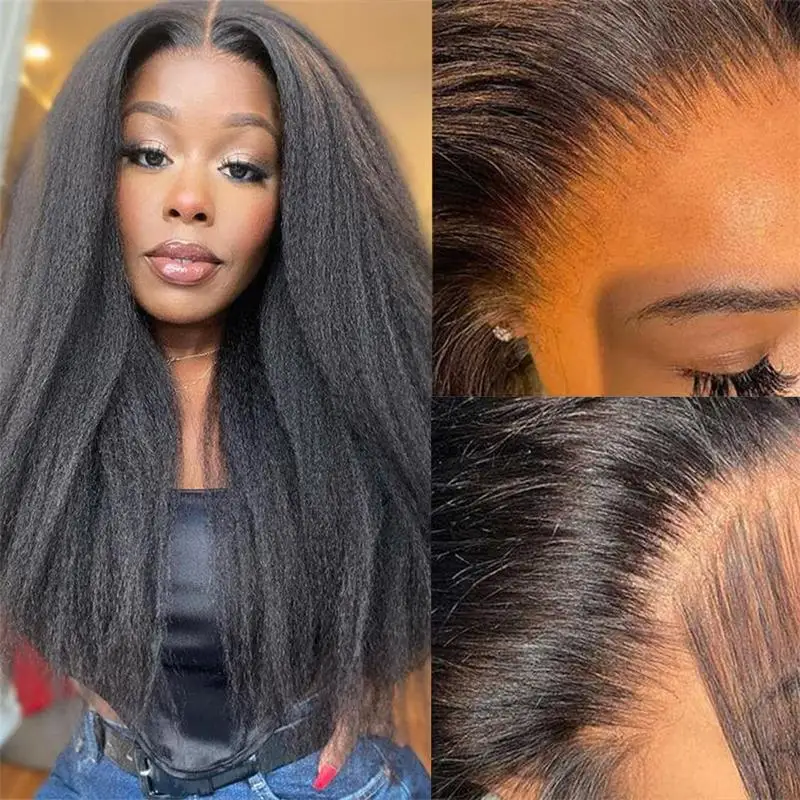 Kinky Straight Human Hair Wig 13X4 Kinky Straight Wig Human Hair  PrePlucked With Baby Hair Yaki Straight Lace Front Wigs