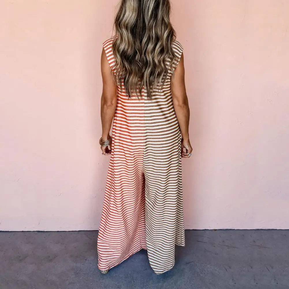 Women Color Block Jumpsuit Chic Striped Print Jumpsuit with Wide Leg Buttons Side Pockets for Casual Daily Wear Lady Jumpsuit