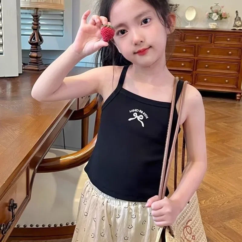 2-10Y Baby Girl's Halter Tops Short Camisole Vest Children's Summer Korean Thin Singlet Kids Embroidery Bow Knitted Base Shirts