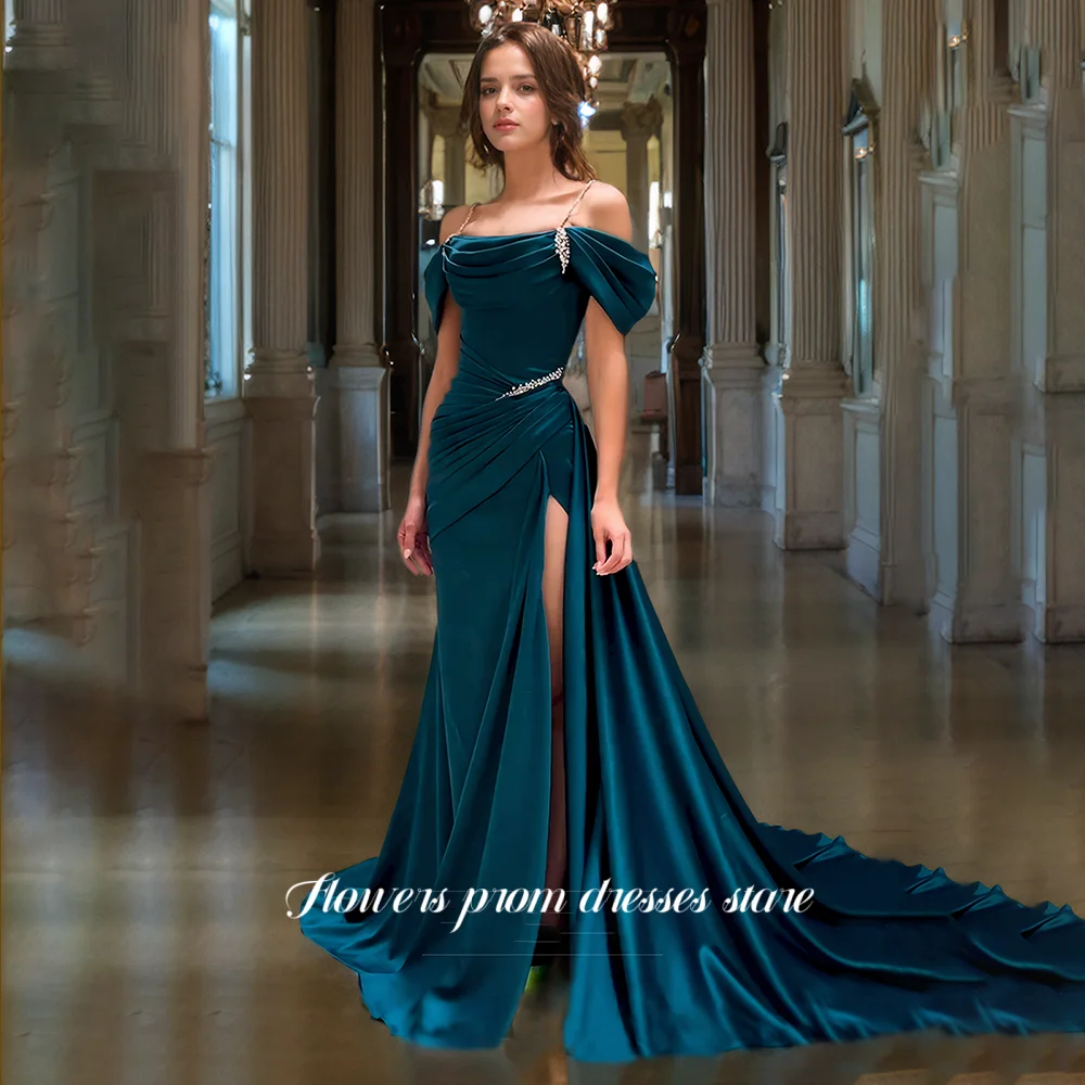 

Flowers Prom Party Dress Beaded Mermaid Evening Dress with High Slit فساتين مناسبة رسمية Pleated Celebrity Dresses Customized