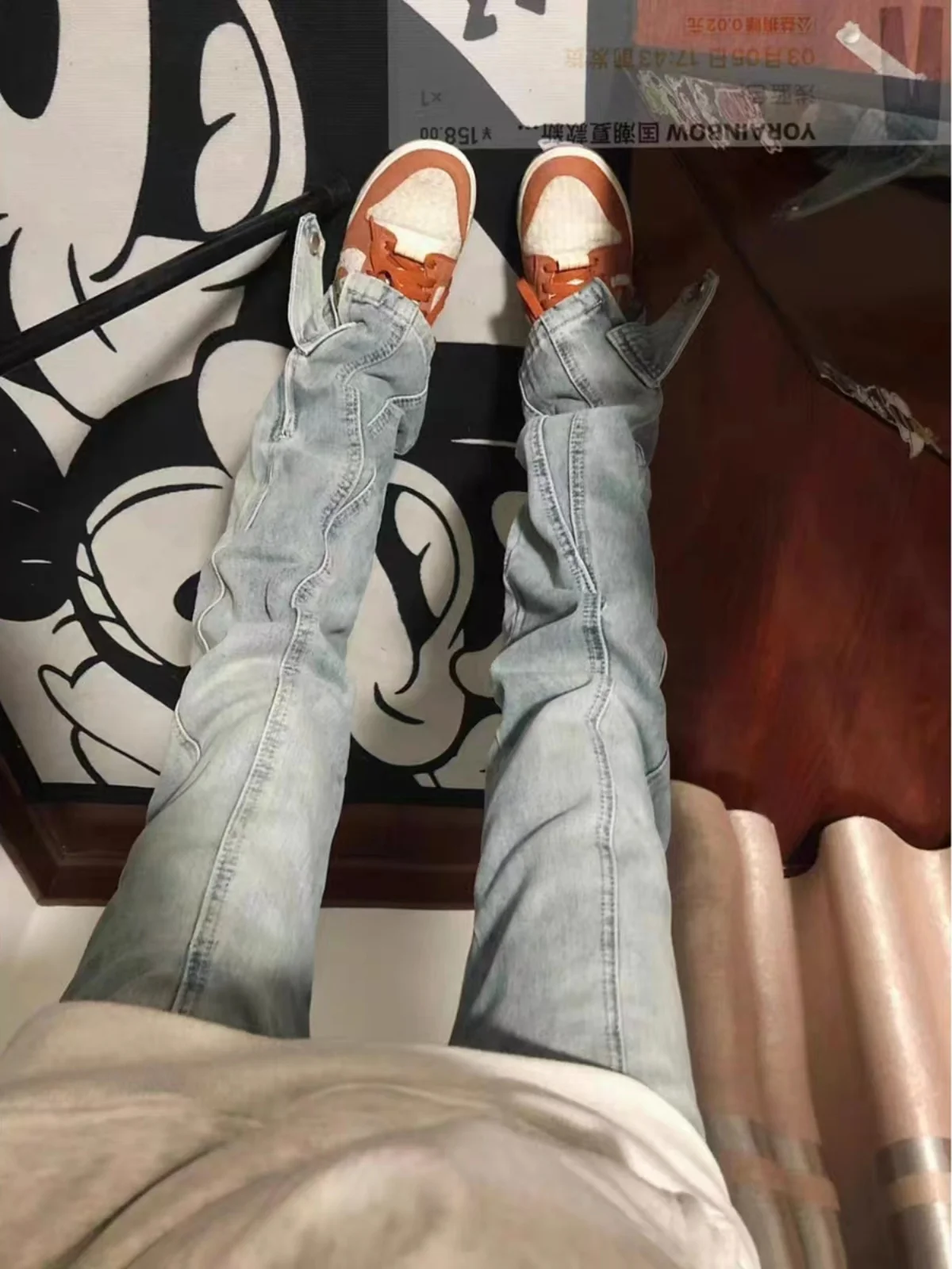High Waist Button down Denim Jeans Women's Spring Autumn Yellow Clay Dye Split Design Street Style Straight Leg Trousers