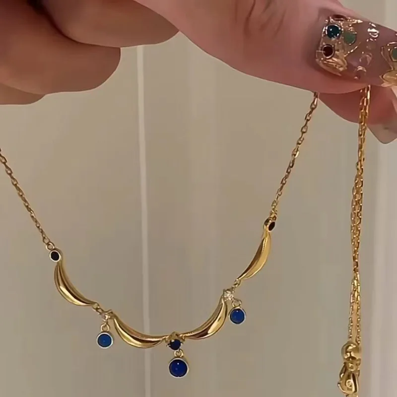 ENSHIR Moon Blue Zircon Water droplets Lace Necklace for Women Girls Vintage Delicate French Princess Jewelry Gifts Wholesale