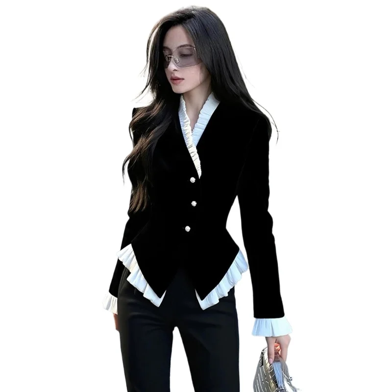 French Petty Bourgeoisie Black Ruffle Edge Splicing Velvet Shirt Women's Fall New Fashionable Temperament Light Waist Pinch Top