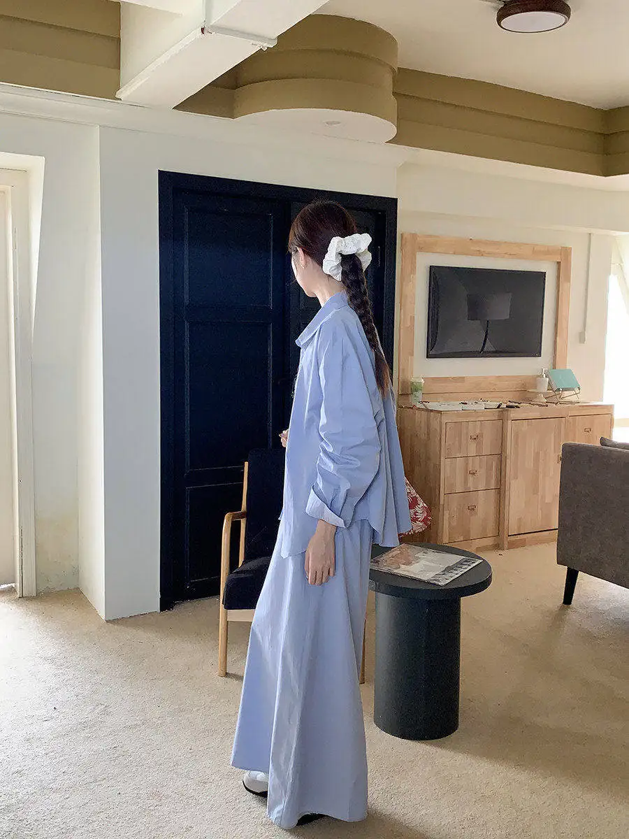

Linyunyun Blue Korean Sle irt And A-Line Skirt Set Women's Faion Spring Collection Cotton Two-Piece Suit Casual Wear