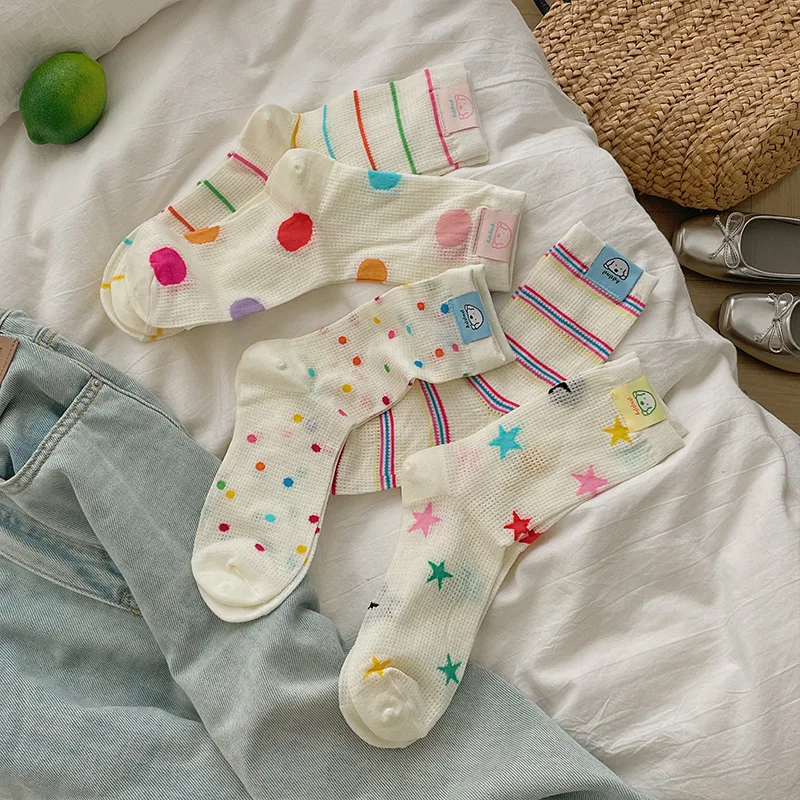 Women Colorful Polka Dot Star Striped Mesh Mid Calf Socks Soft Breathable Hollow Out Cute Daily Casual Sneakers Matching
