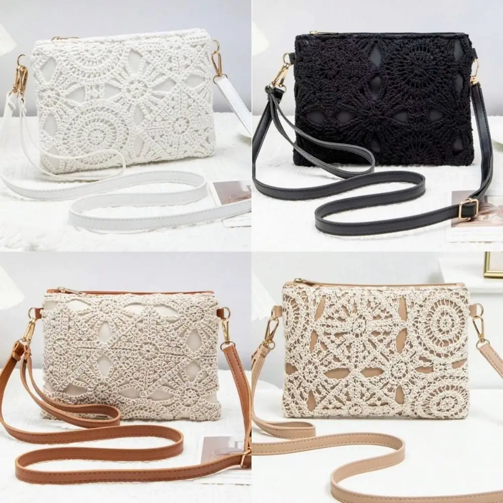 New Bohemian Style Hollow Woven Bag Zipper Clousure Rectangular Crossbody Bag PU Leather Boho Beach Bag Vacation Outfits