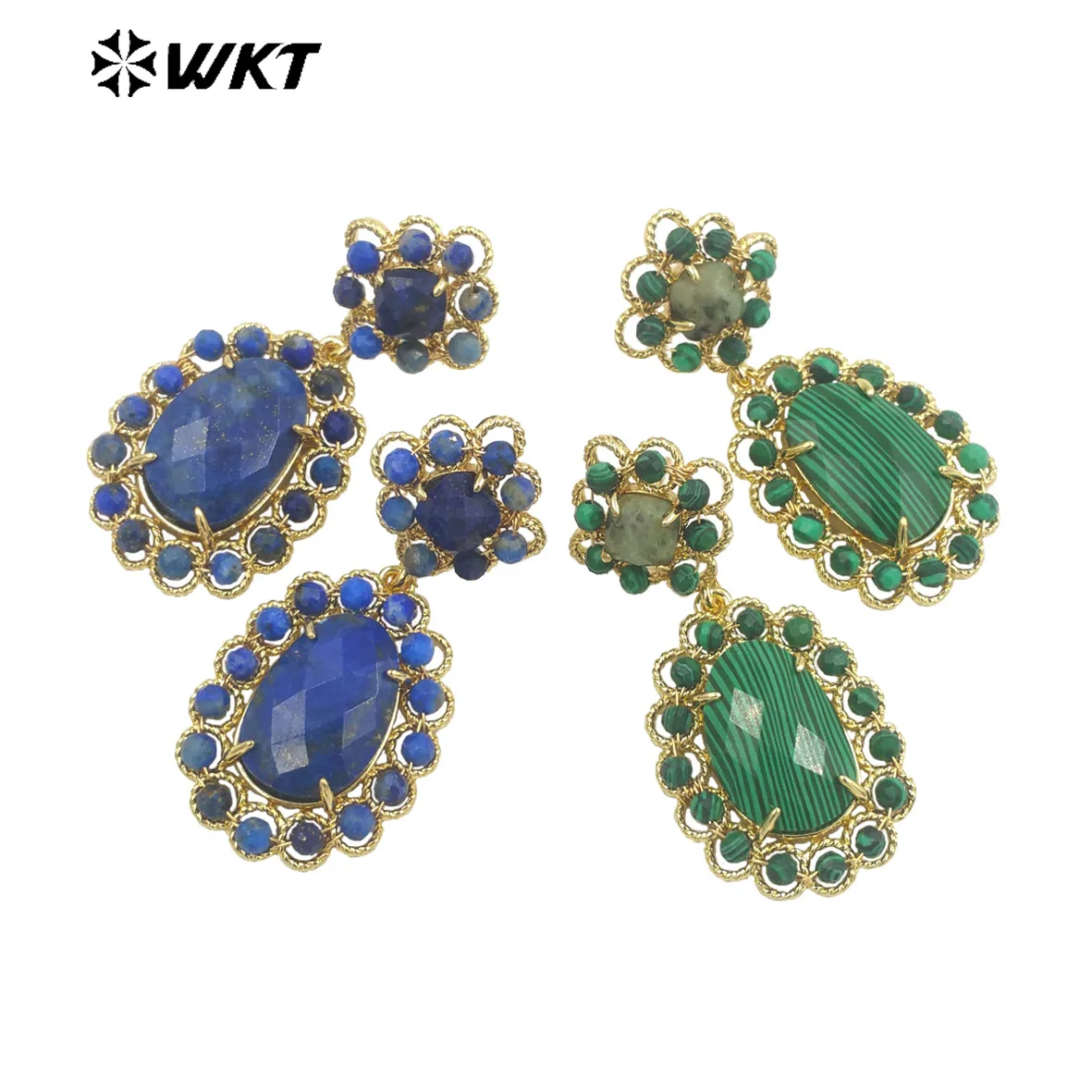 

WT-E724 WKT precious Natural gemstone carved with wire wrapped tiny stone beads made earrings charming gorgeous Lapis Turquoise