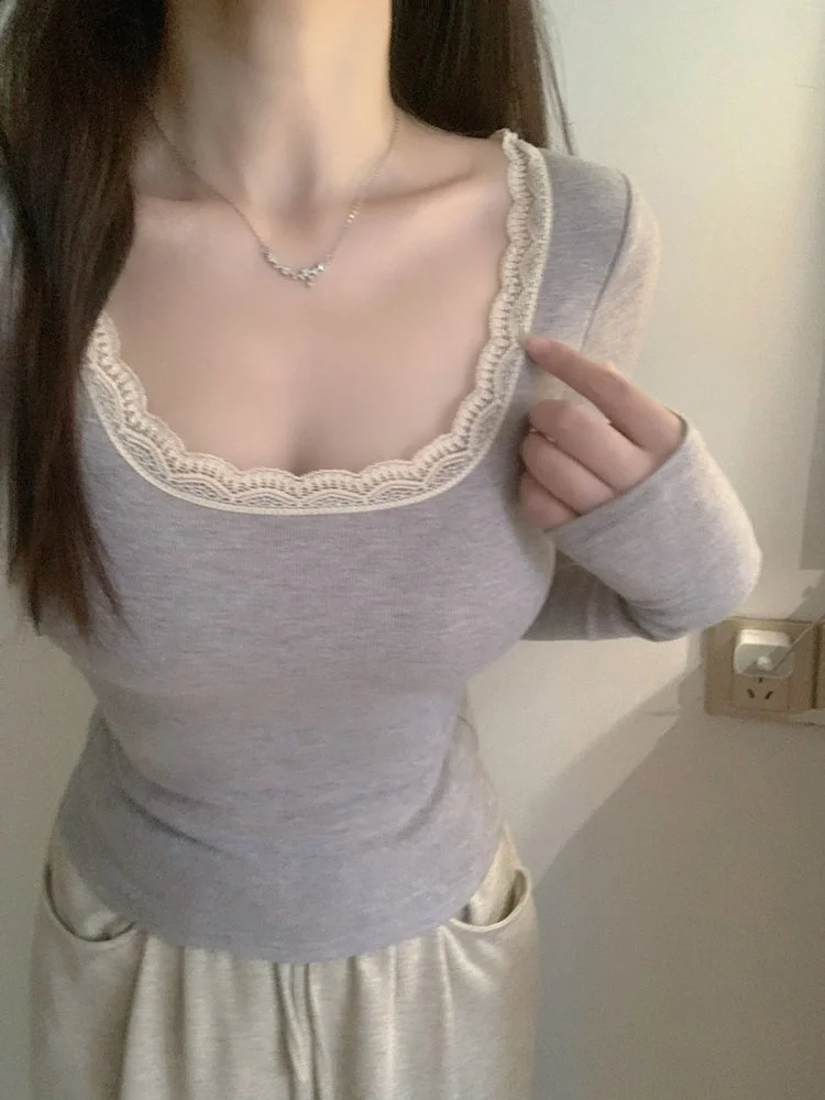 ピュアデザイア セクシーレーススプライス ロングスリーブTシャツ レディース 冬用インナーウェア アウターウェア 暖かい万能ベーストップ ストリートスタイル...