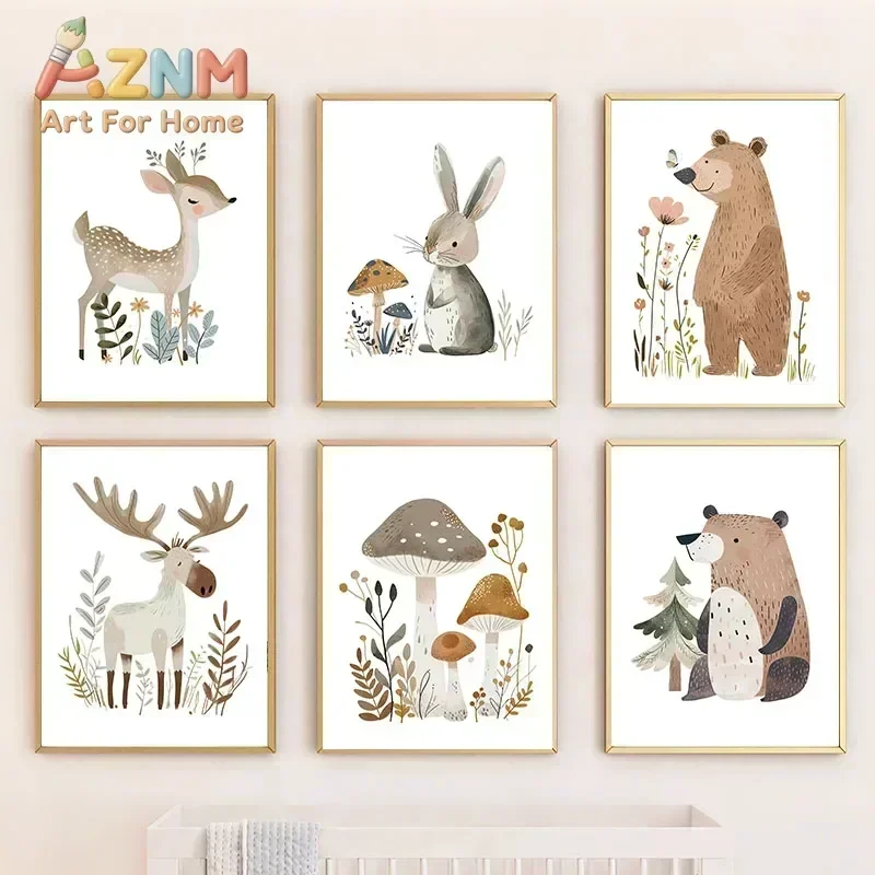 AZNM Woodland Animal Canvas Wall Art, Deer Rabbit Bear Moose Mushroom Forest Print, Neutral Nursery Wall Decor, Unframed Canvas