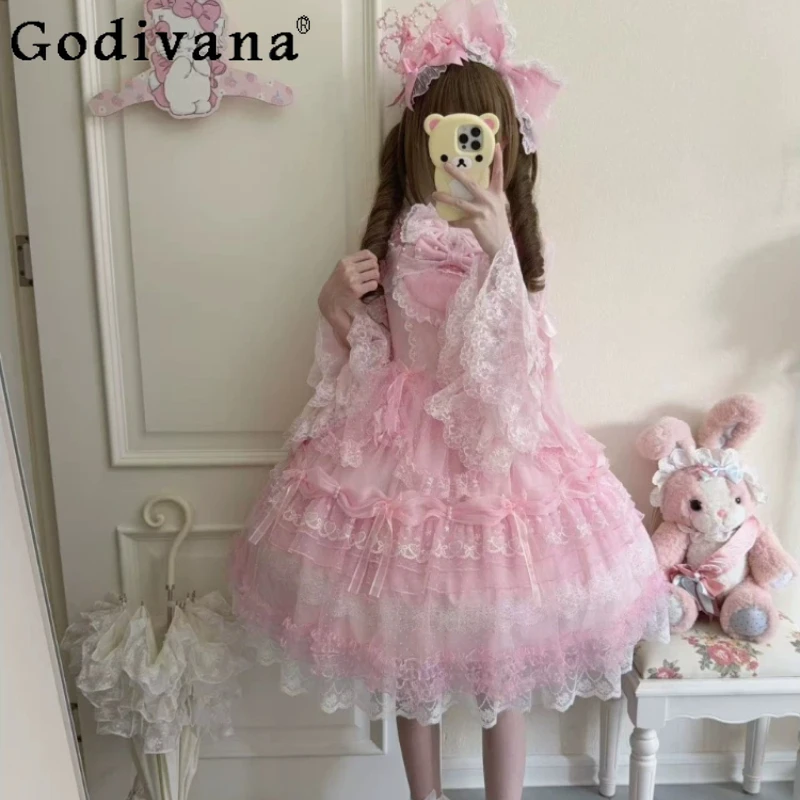 

Original Design Lolita Doll Feeling Jsk Suspender Dress Summer New Girls Woman Sweet Elegant Bow Lace Stitching Kawaii Dress