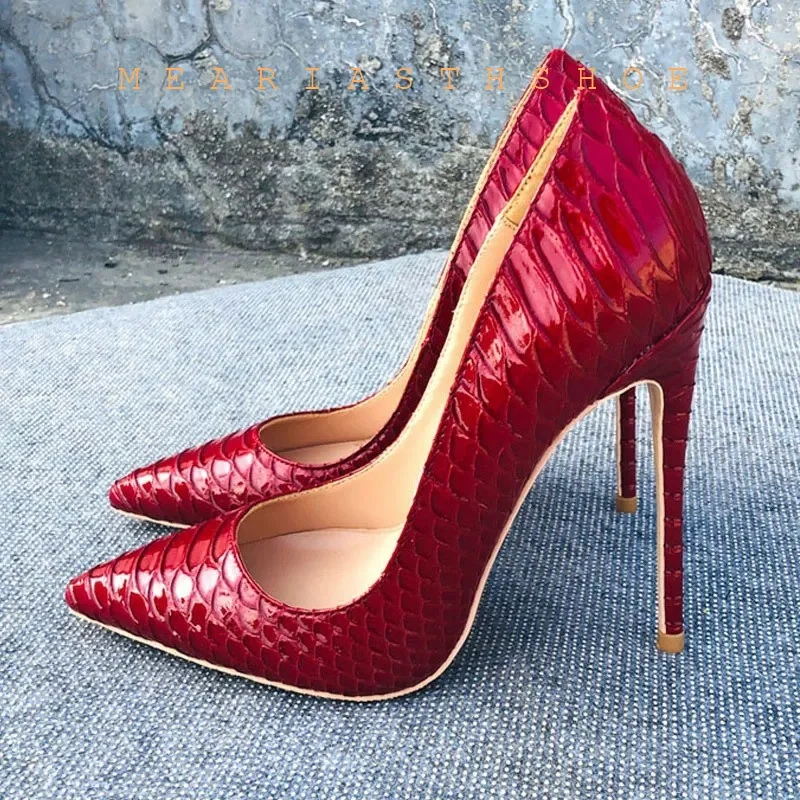 

New 12cm 10cm 8cm Thin high Heeled Sexy Women Red Crocodile Effect Pointed Toe Party Wedding Shoes Snakeskin Stiletto Pumps
