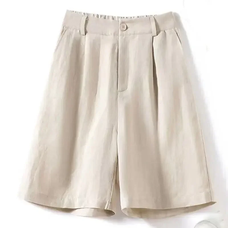 Shorts de algodão e linho para mulheres verão 2025 solto cintura alta calças largas perna casual versátil sólido retro shorts retos