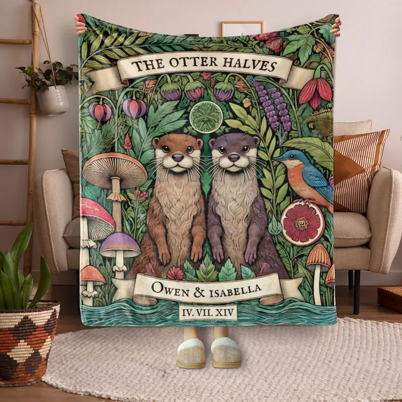 Personalized Otter Couple Blanket for Throw Sofa Bed Ethereal Wedding Decor, The Other Halves Fairycore, Anniversary Valentines