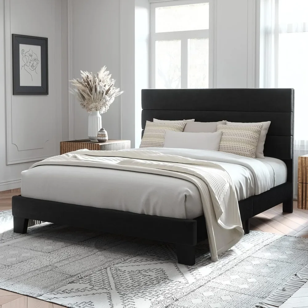 Queen's platform bed frame, velvet headboard, wooden slatted support, fully upholstered mattress base/no spring mattress