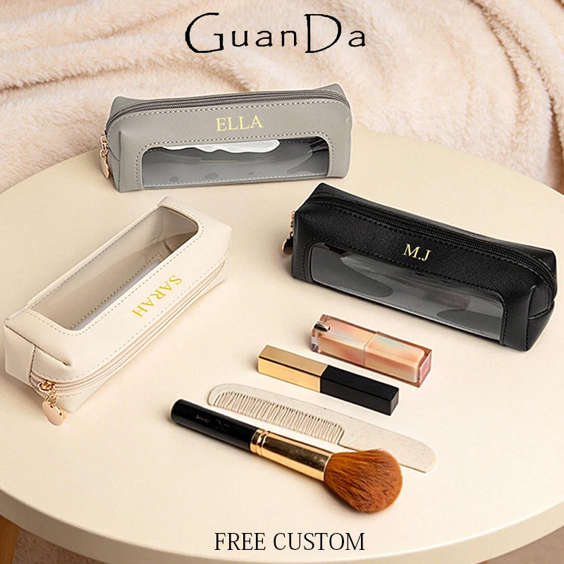 

Travel Portable Zipper Cosmetic Bag Custom Name Luxury Transparent Make Up Bag Engrave Letters Wholesale Dropship Pen Pouch Gift