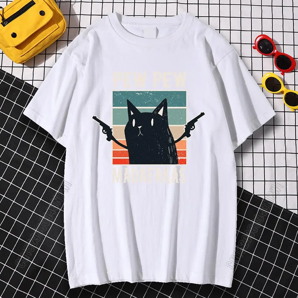 Pew Pew Madafakas Black Cat Cartoon Funny Print T Shirts Men 100% Cotton Clothes Loose T Shirts Harajuku Crewneck Men Tops