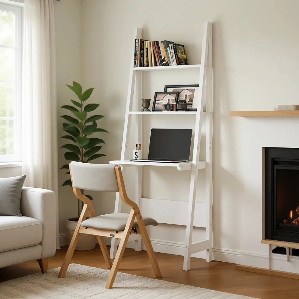 Slim Ladder Desk with Open Shelves for Compact Home Office Workstation