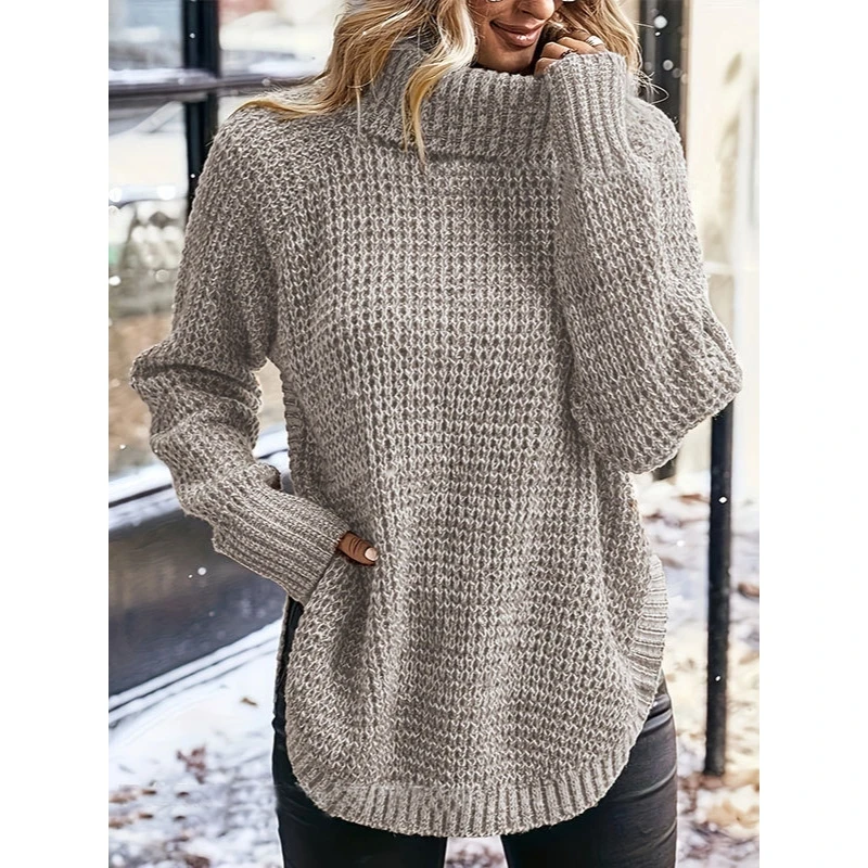 

Faionable Women's Turtlene Sweater Long Sve High Collar Knitted Open Split Sweater Comfortable Midweight Autumn Wear