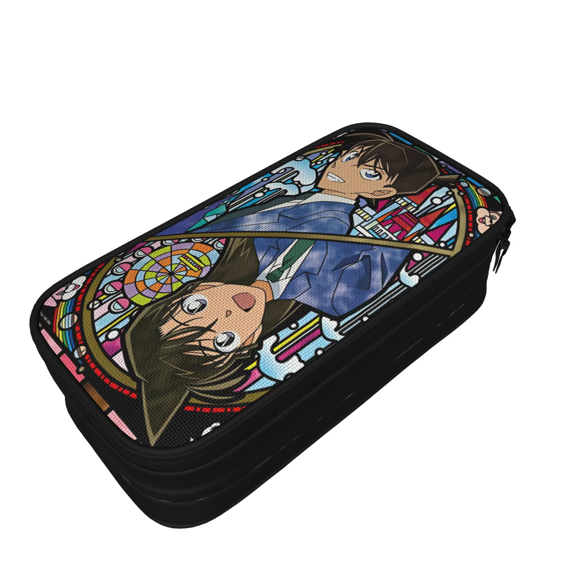 Detectives Conans Pencil Case  University Pencil Bag Students Double Layer Retro School Pencil Cases Pattern Supplies