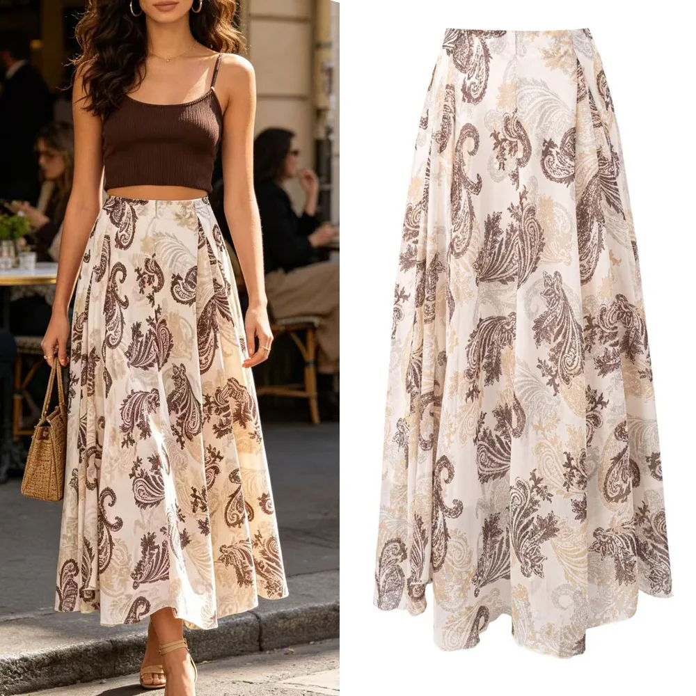 

Retro Half-length A-line Skirt Women's High-waist Long Dress Floral Print Slimming Holiday Style Fashionable Mid-aged PVC Mat...