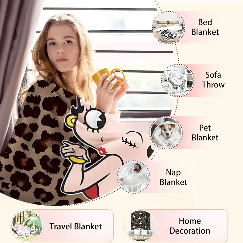 Customize Betty Boop Cartoon Leopard Flannel Blankets Gifts, 280GSM Ultra Soft Flannel, Lovely Throw Blanket Presents, Perfect f