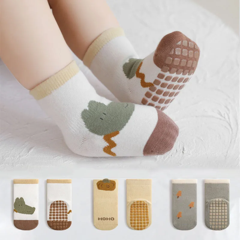 3 Pairs/Lot New Baby Floor Socks Full Sole Rubber Non-Slip Kids Socks Cute Cartoon Letter Baby Toddler Socks For Boys And Girls