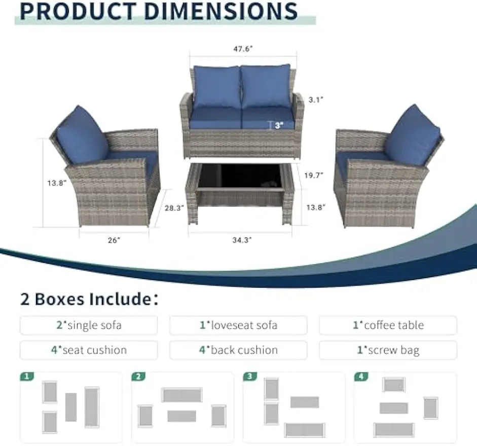 Wicker Patio Furniture Set, 4PCS Outdoor Sectional Conversation Sets, Gray PE Rattan Patio Sofa Set for Balcony, Porch, Backyard