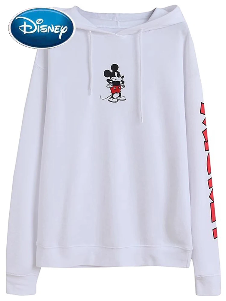 Disney Sweatshirt Mickey Mouse Embroidery Print Letter Women Long Sleeve Hooded Pullover Jumper Tee Tops White Femme Streetwear