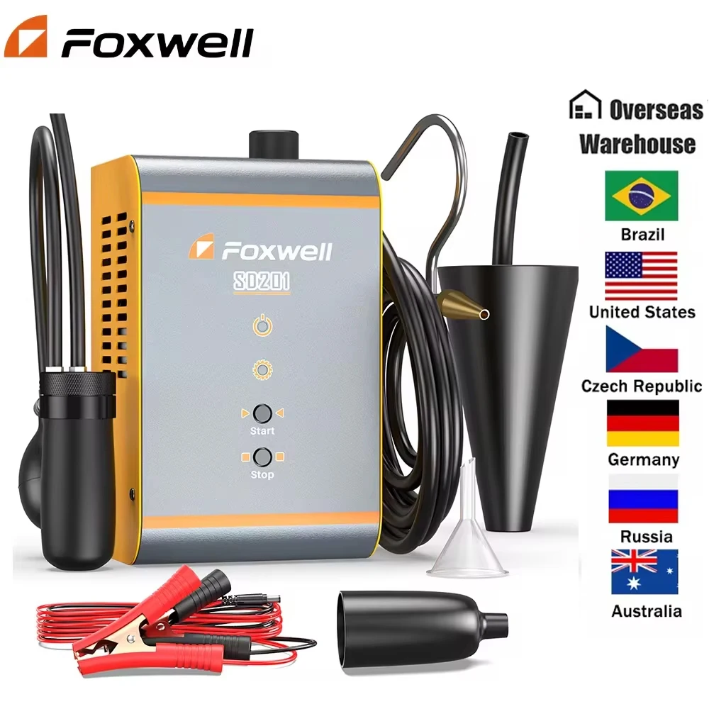 FOXWELL SD201 12V Automotive Rauchleckdetektor-Tester mit integriertem Luftkompressor, EVAP-Vakuum, Abgas-, Kraftstoff- und Ölleckortungsgerät, Auto-Diagnosegerät
