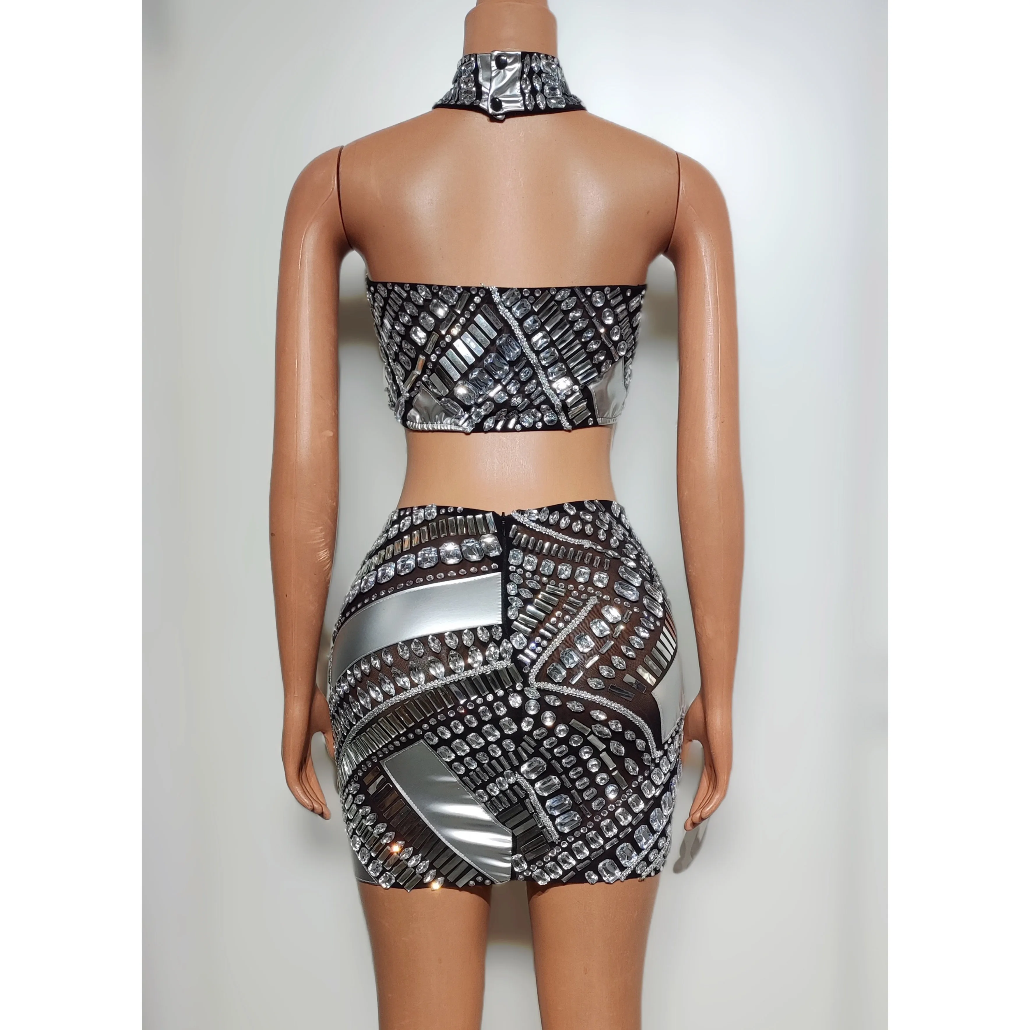 Multi-Color Rhinestone Festival Clothing Gogo Wear Sexy Nightclub Bar Club Performance Cotume Women Collar Crop Tops Skirt