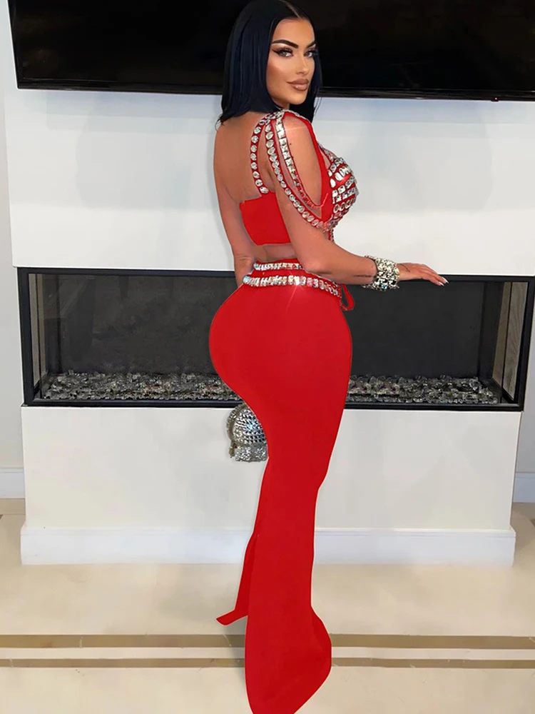 Summer Set Woman 2piece Matching Outfits Party Clubwear Sexy Strapless Crop Tops with Diamonds Evening Long Skirt Set