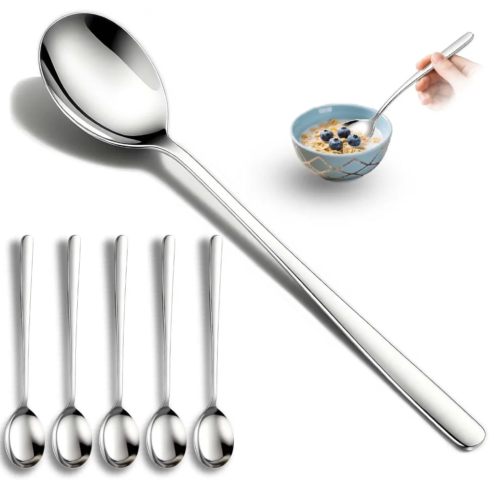 

Set of 5 Premium Soup Spoons, 8 Inch 18/10 Stainless Steel Long Handle Rice Spoon for Home, Kitchen
